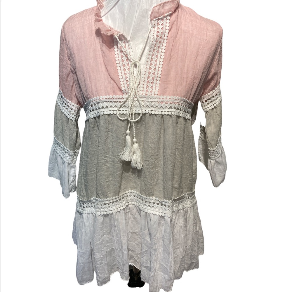 - - - Elegance bohemian tiered lace blouse grey white pink top NEW with…